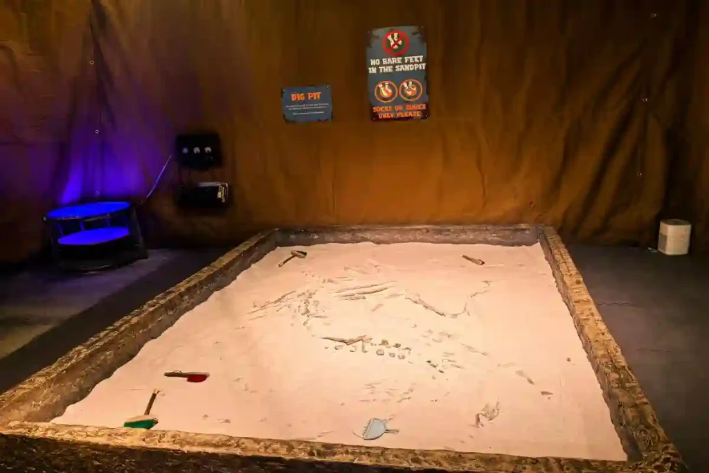 sandpit digging in interactive dinosaur exhibit indoor