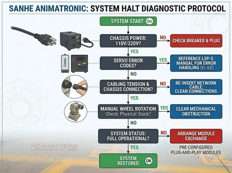 Animatronic troubleshooting workflow flowchart for theme park attractions