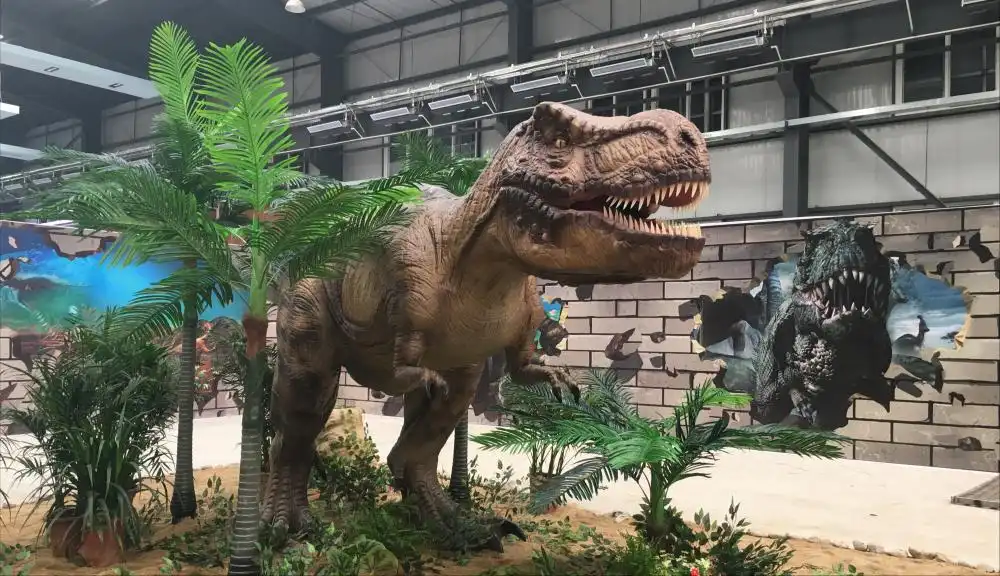 Animatronic dinosaur Jurassic Park T-Rex in themed exhibition showing immersive visitor experience