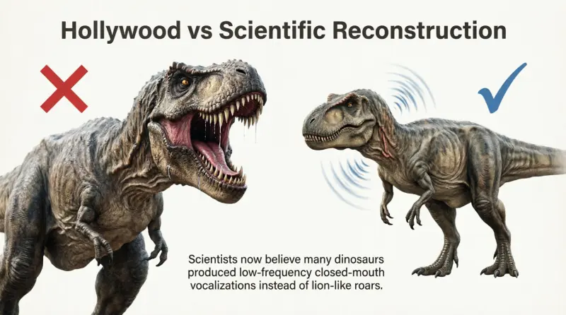 Hollywood T-rex roaring vs scientific reconstruction showing closed-mouth dinosaur sounds with low-frequency chest vibrations - scientists debate did dinosaurs roar like lions.