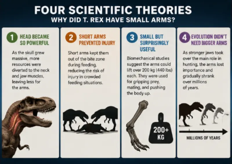 why does the t rex have small arms - Four scientific theories explaining T. rex arm evolution including head power, injury prevention, functionality, and evolution