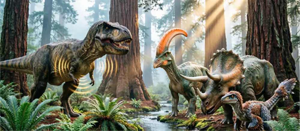 Prehistoric dinosaurs communicating through low-frequency sounds and visual displays, the scientific basis for realistic animatronic dinosaur movement.