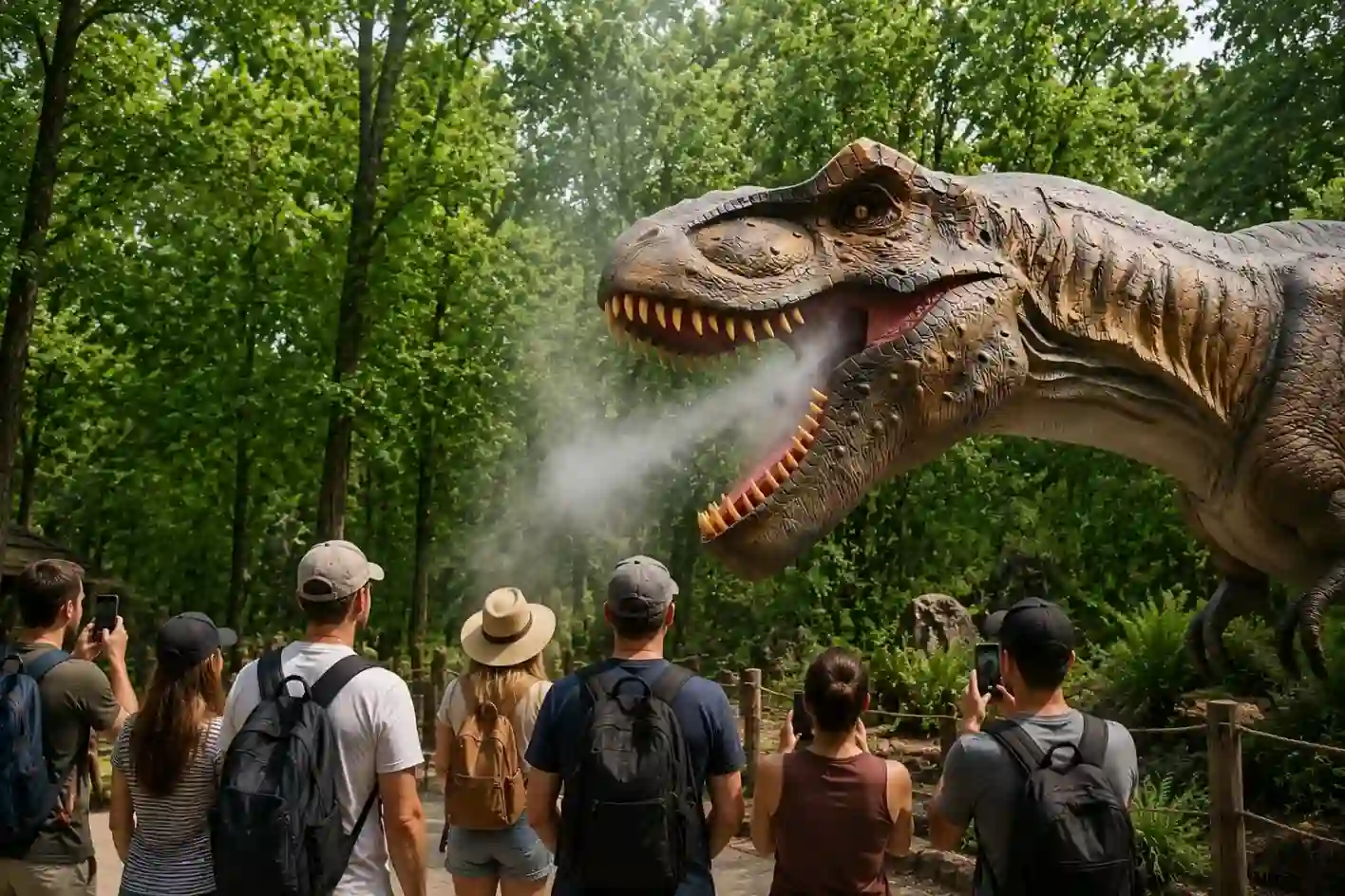 Life-size animatronic T-Rex with fog and dynamic lighting creating a wow effect for theme park visitors