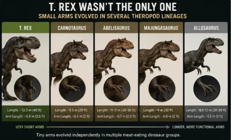 Comparison of arm lengths across theropod dinosaurs showing T. rex, Carnotaurus, Abelisaurus, Majungasaurus, and Allosaurus evolved small arms independently