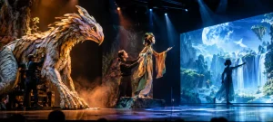 Live actors interacting with a medium-scale animatronic creature on stage with a projected forest background, demonstrating the integration of different stage technologies