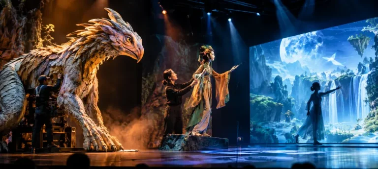 Live actors interacting with a medium-scale animatronic creature on stage with a projected forest background, demonstrating the integration of different stage technologies