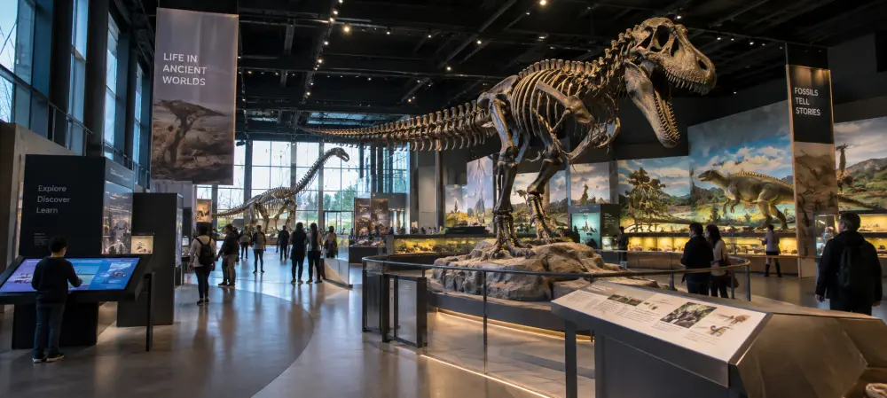 A wide view of a modern museum exhibit design featuring a T-Rex skeleton, interactive displays, and engaged visitors in a well-planned gallery space.